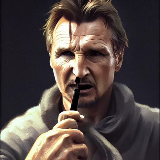 Image similar to liam neeson fighting wolves with crack pipe, highly detailed digital painting, artstation, concept art, sharp focus illustration art by artgerm and greg rutkowski and alphonse mucha