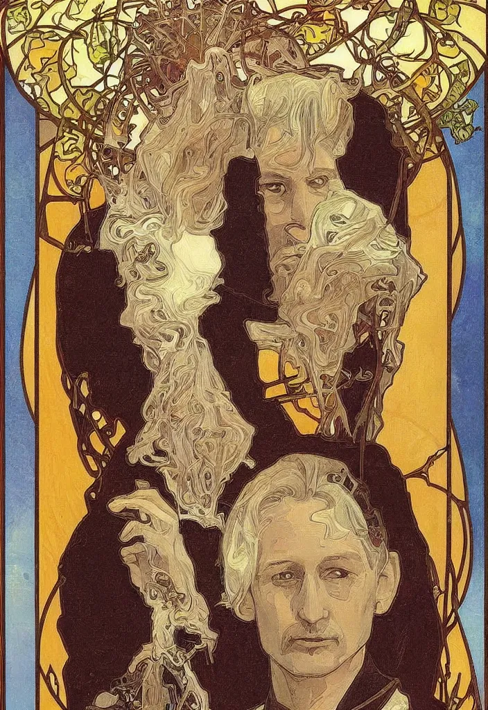 Image similar to realistic white - haired geoffrey hinton in a crown with neural networks on a tarot card, tarot in art style by alphonse mucha