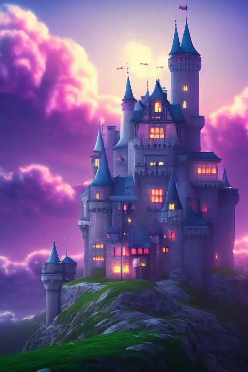 Image similar to beatiful castle in the clouds, romantic, atmospheric, wide shot, vaporwave colors, realistic, 4 k, volumetric lighting