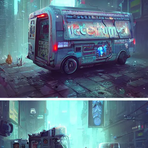 Prompt: a cyberpunk ice cream truck, highly detailed epic, CG render digital painting artwork by Greg Rutkowski, John Berkey, Alexander Jansson, Kuvshinov, WLOP, Artgerm, trending on ArtStation, intricate artwork by Tooth Wu, Wlop and Beeple. octane render, trending on artstation, greg rutkowski very coherent symmetrical artwork, bokeh, cinematic, hyper realism, high detail, octane render, vervia, 8k