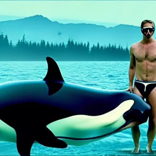 Prompt: ryan gosling in swimming trunks and cyberpunk style goggles rides a killer whale in a vulcan lake