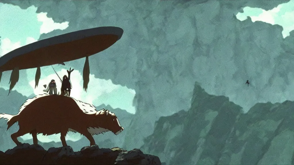 Prompt: a cell shaded cartoon movie still from princess mononoke ( 1 9 9 7 ) showing a ufo from independence day ( 1 9 9 6 ). very dull muted colors, hd, 4 k, hq