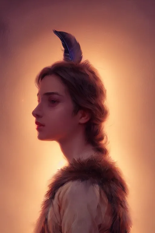 Image similar to portrait of spanish girl with feather background, staring directly into camera, intricate, elegant, glowing lights, highly detailed, digital painting, artstation, sharp focus, illustration, art by wlop, mars ravelo and greg rutkowski