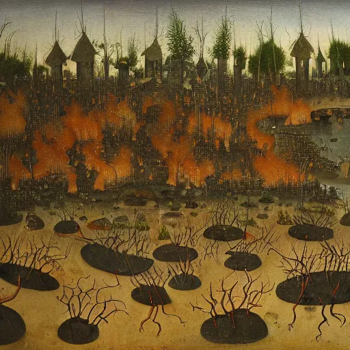 Prompt: a hieronymus bosch painting of a forest of tiny bonzai trees in pots, burning in flames, smoke in the sky, ominous, oil on canvas