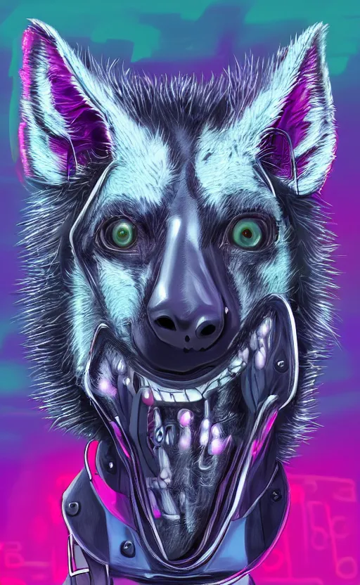 Image similar to digital painting of anthromorphic hyena female, fursona, furry fandom, neon rainy cyberpunk setting, anthro, wearing cyberpunk leather jacket, detailed face,