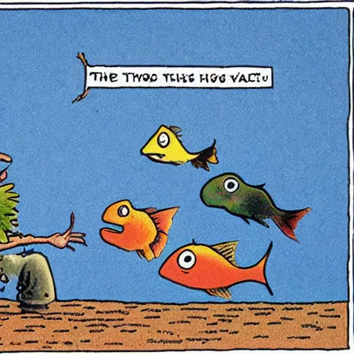 Prompt: a gary larson cartoon about fish