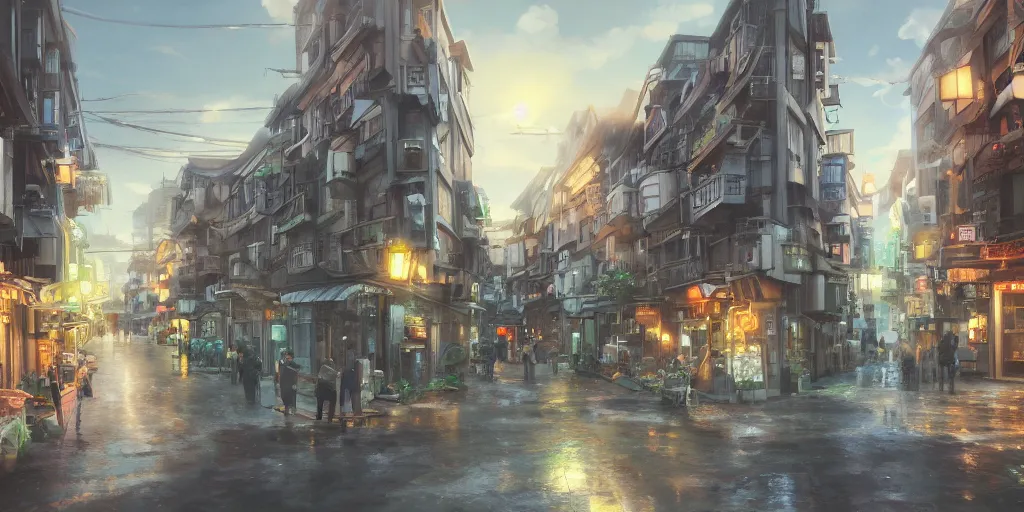 Image similar to a street, cinematic angle, studio Ghibli, volumetric lighting, breathtaking, beautiful composition, elegant, digital art, detailed, oil painting, hyperrealistic, sharp focus, 8k