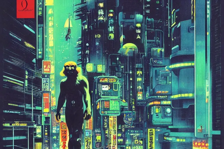 Image similar to 1979 OMNI Magazine Cover of an humanoid monkey in Neo-Tokyo in cyberpunk style by Vincent Di Fate