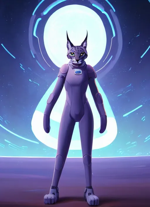 Image similar to wide angle beautiful full body portrait of a strong female anthropomorphic anthro lynx fursona wearing a futuristic space suit, paw pads instead of feet, character design by alena aenami, disney, anime, manga, charlie bowater, ross tran, artgerm, and makoto shinkai, furaffinity, detailed, soft lighting, rendered in octane