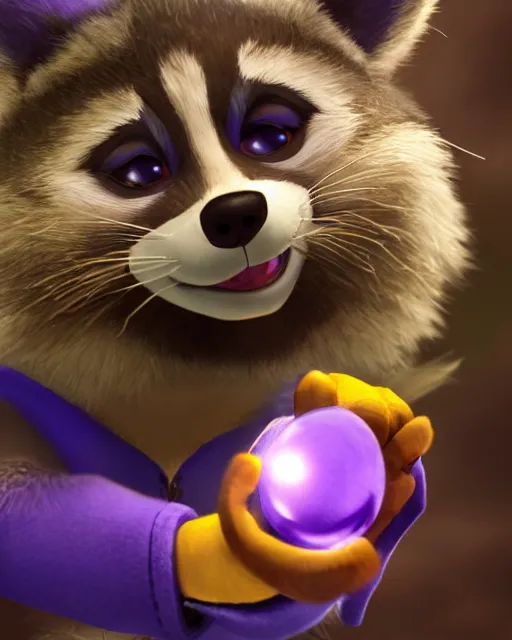 Prompt: closeup portrait of furry sly cooper raccoon holding a magical gem in a crystl cave, disney, pixar,