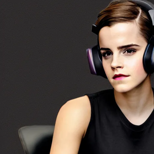 Image similar to emma watson wearing a gaming headset photo sitting on gaming chair dramatic lighting