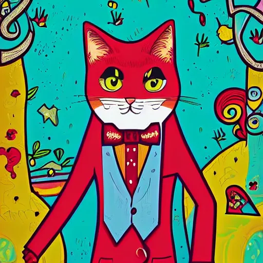 Image similar to colorful illustration of funny cat in the yellow tuxedo and red tie by jeremiah ketner and dan mumford