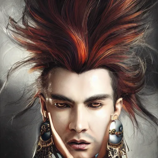 Image similar to portrait, headshot, insanely nice hair style, dramatic hair color, digital painting, of a old 17th century, old cyborg merchant, amber jewels, baroque, ornate clothing, scifi, realistic, hyperdetailed, chiaroscuro, concept art, art by Franz Hals and Jon Foster and Ayami Kojima and Amano and Karol Bak,