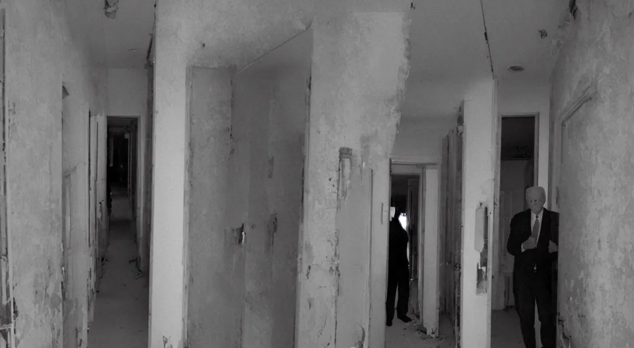 Prompt: unnerving and dark 4 k photograph of joe biden standing deep in the creepy hallways of an abandoned insane asylum