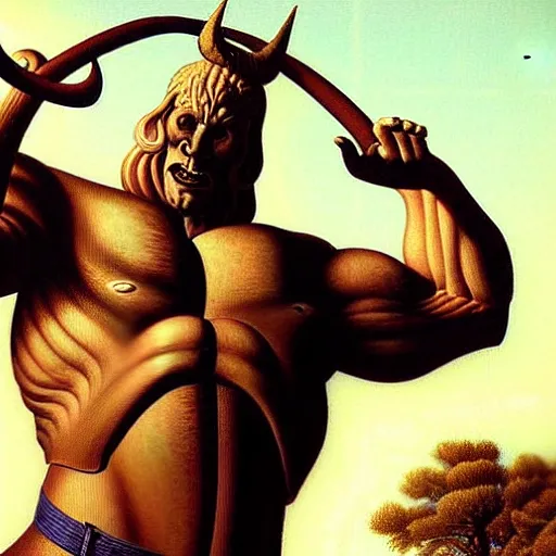 Image similar to horned humanoid with huge veined muscular arms wearing coloured medieval costume, fluid, smooth, organic, crazy, high contrast, sharpness, dramatic, by greg rutkowski and siudmak and richard corben and moebius