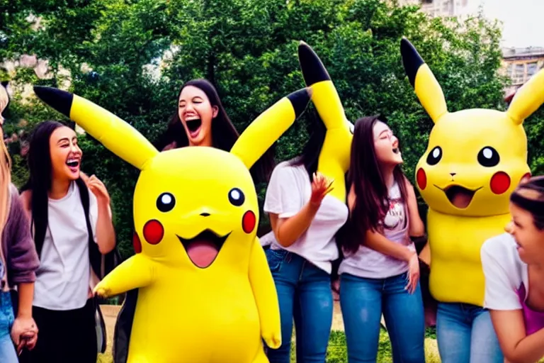 Image similar to a group of young woman are crowded around a life size pikachu and they looking directly it and they are laughing at it