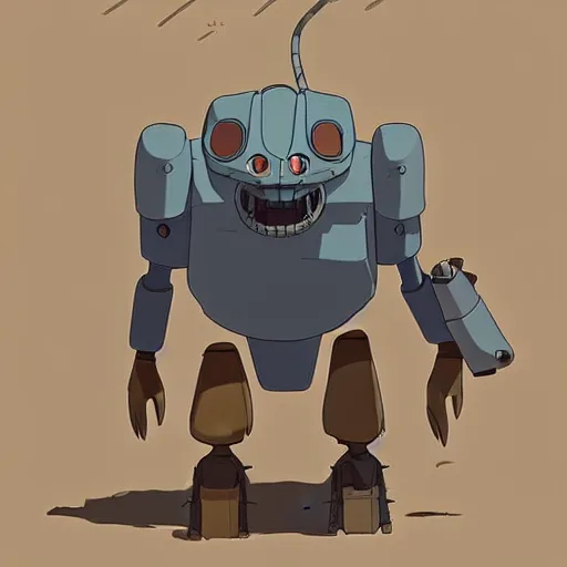 Prompt: a study of cell shaded cartoon of a mechanized grey jackel from howl's moving castle ( 2 0 0 4 ), in front of pyramids on a desert road, full body, wide shot, very muted colors, post grunge, studio ghibli, laurie greasley, highly detailed, deviantart, art by artgem