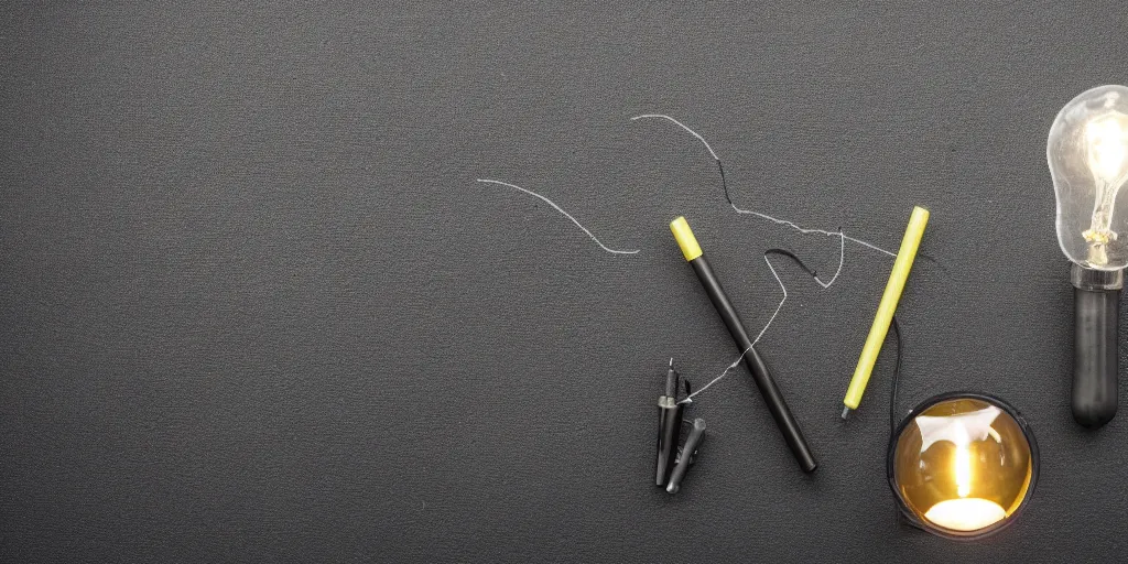 Prompt: artist's tools on black paper with a lamp on a desk