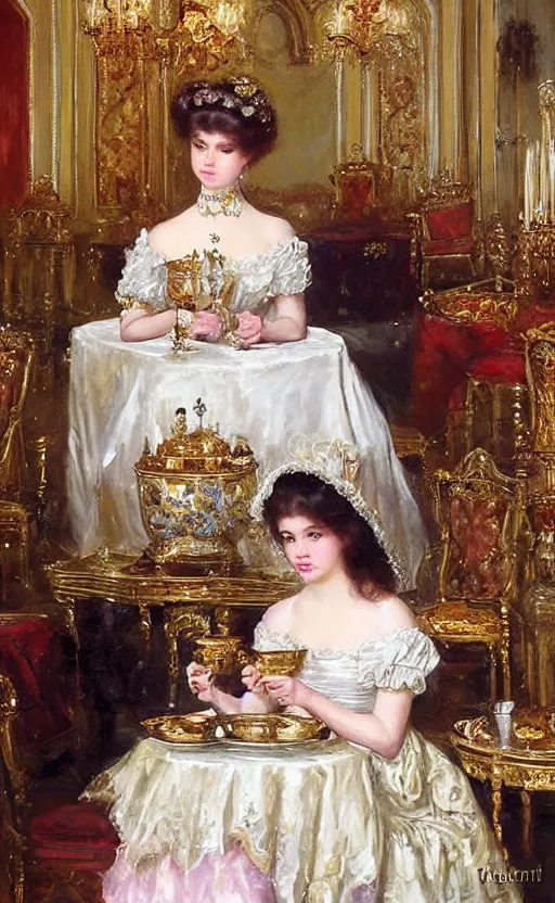 Image similar to Victorian princess drinking tea on the royal palace dining room. By Konstantin Razumov, highly detailded