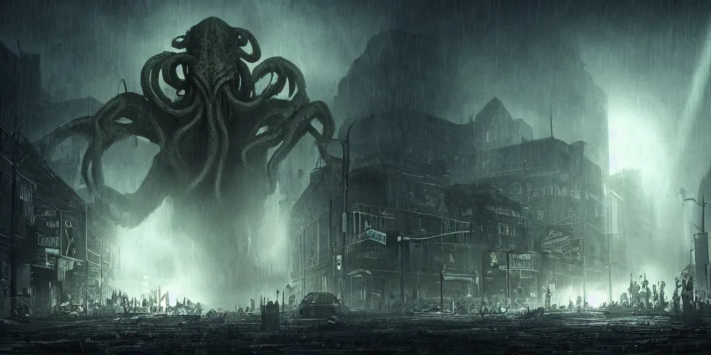 Image similar to cthulhu destroying a post apocalyptic city, dark, trending on artstation, digital art, fog, sun flare, rain