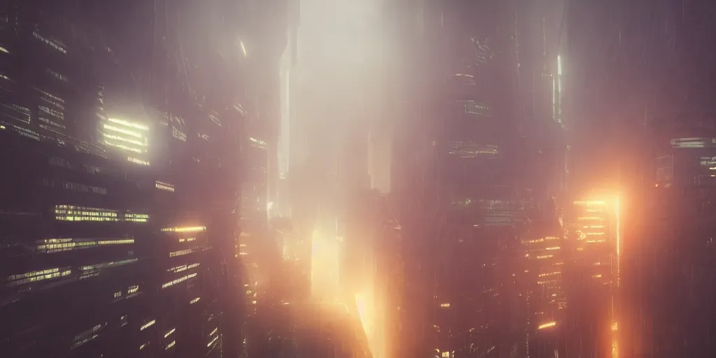 Image similar to modern futuristic city, cinematic, blade runner style, robots and humans, atmospheric, hazy, dark lighting, ILM, vfx, cinematography by greig fraser