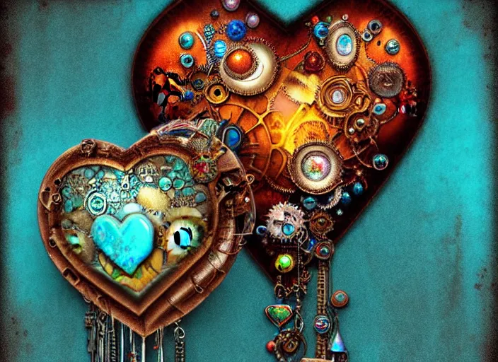 Prompt: steampunk shyny pearled centered symmetrical heart with multicolored gems, jellyfish, glass, ice. by casey baugh, by rembrandt, mandelbulb 3 d, turquoise rust, stained glass