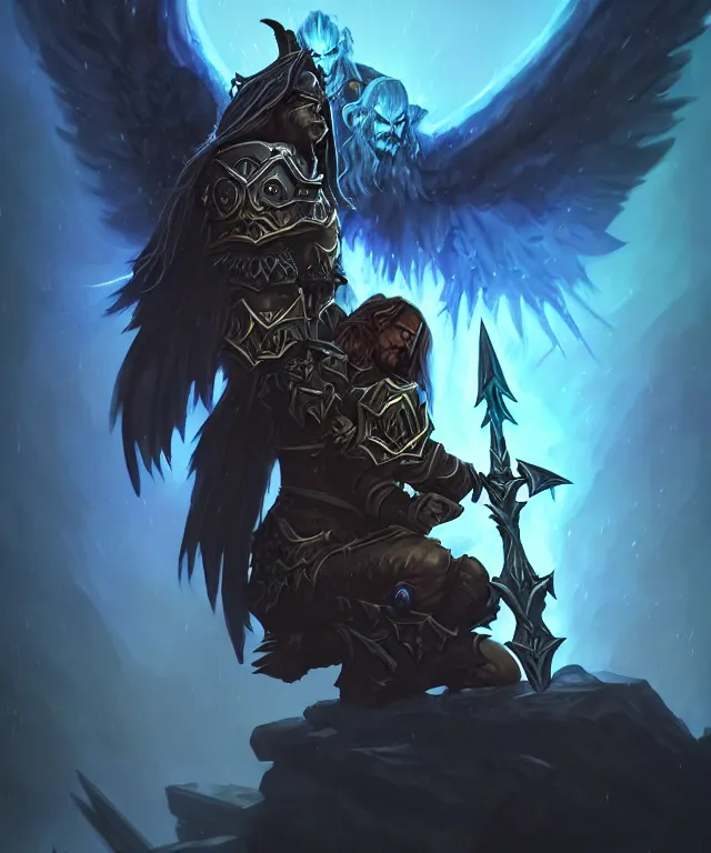 Image similar to dark world of warcraft blizzard art, portrait of fallen man angel kneeling with a sword and wings, bokeh. dark art masterpiece artstation. 8k, sharp high quality illustration in style of Jose Daniel Cabrera Pena and Leonid Kozienko, concept art by Tooth Wu