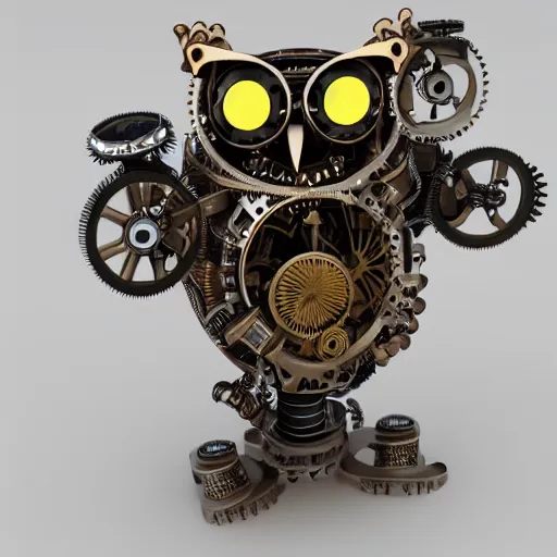 Image similar to 3D render of highely detailed steampunk mechanical owl robot