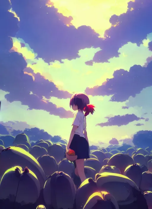 Image similar to ten thousand people holding a banana, cloudy sky background lush landscape illustration concept art anime key visual trending pixiv fanbox by wlop and greg rutkowski and makoto shinkai and studio ghibli,