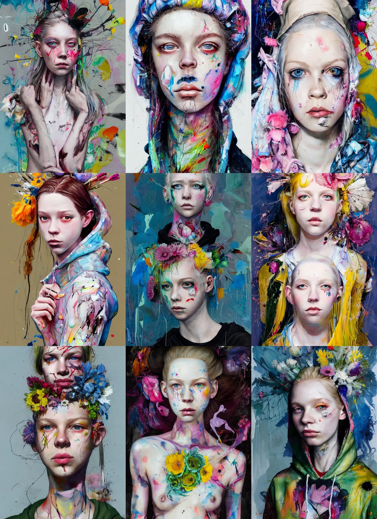 Prompt: 2 5 year old hunter schafer in the style of martine johanna and! jenny saville!, wearing a hoodie, standing in a township street, street fashion outfit, haute couture fashion shoot, mascara, full figure painting by john berkey, david choe, ismail inceoglu, decorative flowers, 2 4 mm, die antwoord yolandi visser