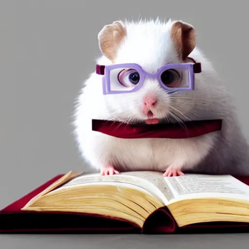 Prompt: white hamster with harry potter /'s glasses, studying a giant book