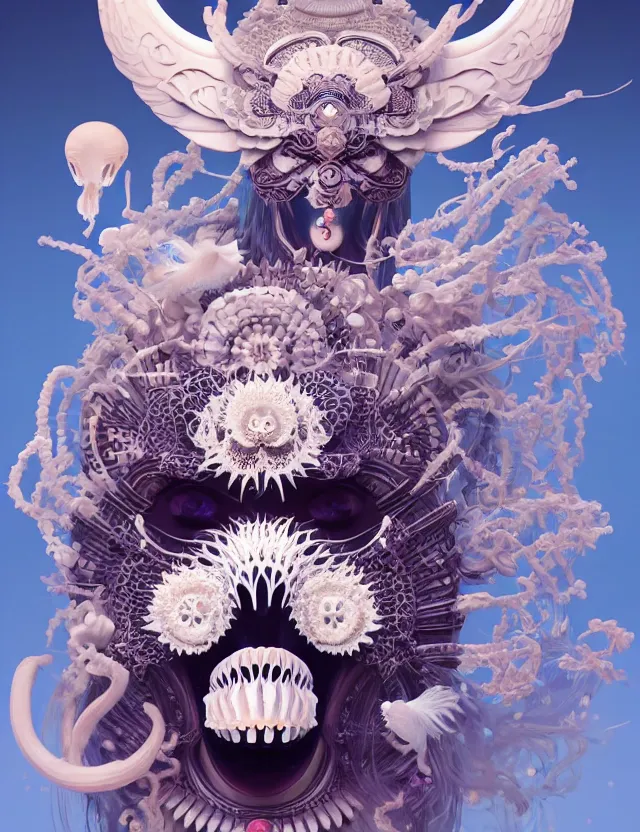 Image similar to 3 d goddess close - up frontal portrait with ram skull. beautiful intricately detailed japanese crow kitsune mask and clasical japanese kimono. betta fish, jellyfish phoenix, bio luminescent, plasma, ice, water, wind, creature, artwork by tooth wu and wlop and beeple and greg rutkowski