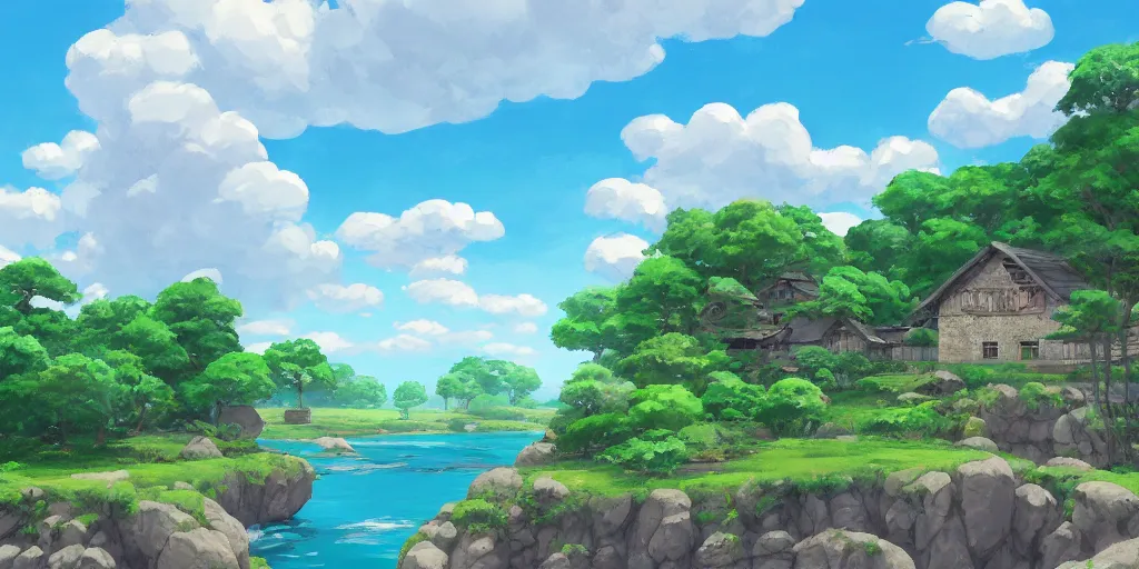 Prompt: a serene landscape with a singular building near a river with rocks at sunshine, ghibli studio, anime style, pixar style, concept art, highly detailed, high quality, soft lighting, beautiful landscape, cartoon, high coherence, cloud in the sky, digital painting, masterpiece, digital art, breathtaking landscape, soft colors, beautiful