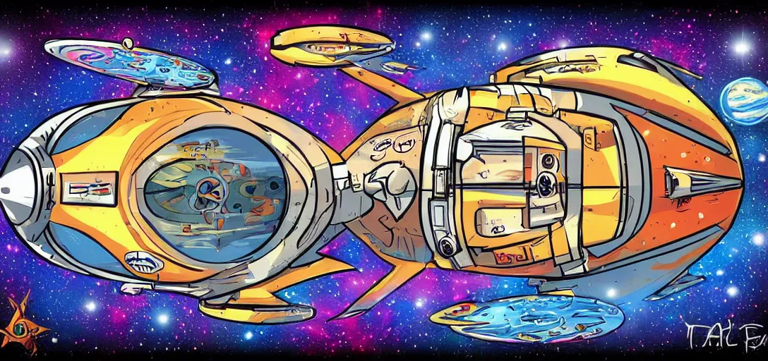 Prompt: Space capsule above the sky in the graphic style of Tim Shumate, detailed art, trending on Artstation, sharp focus, comic art