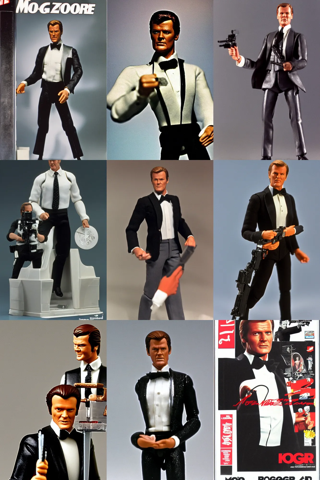 Prompt: roger moore as james bond, 1 9 7 3, action figure by kenner toys