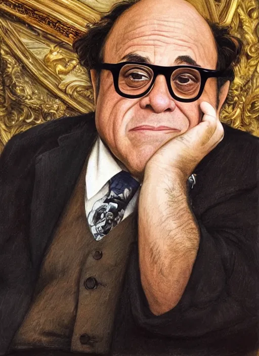 Image similar to danny devito sitting across the camera wearing a black choker staring into the camera, point of view, expensive restaurant, intricate, elegance, highly detailed, shallow depth of field, artgerm, donato giancola, joseph christian leyendecker