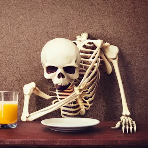 Prompt: skeleton eating breakfast