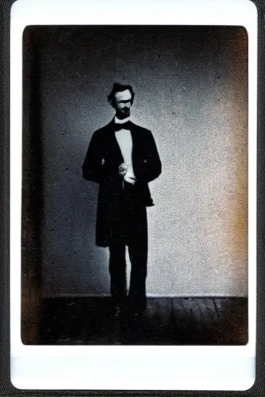 Prompt: a polaroid photo of abraham lincoln standing in the corner of a dark room