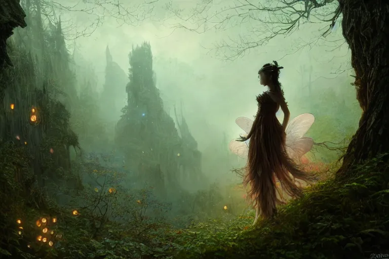 Image similar to detailed intricate digital illustration by greg rutkowski and david friedrich and ruan jia and fenghua zhong and steven belledi ; portrait of fairy girl standing in gothic fantasy valley and forest faerie fey unseelie in background ; 1 3 mm film, arri alfa anamorphic lens ; sharp focus, eventide, fireflies ; trending on artstation 8 k