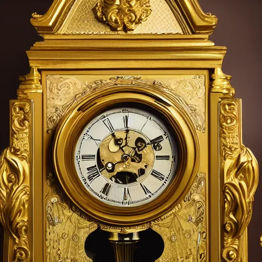 Image similar to photo of a grandfather clock with a gold-colored human face coming out of the front