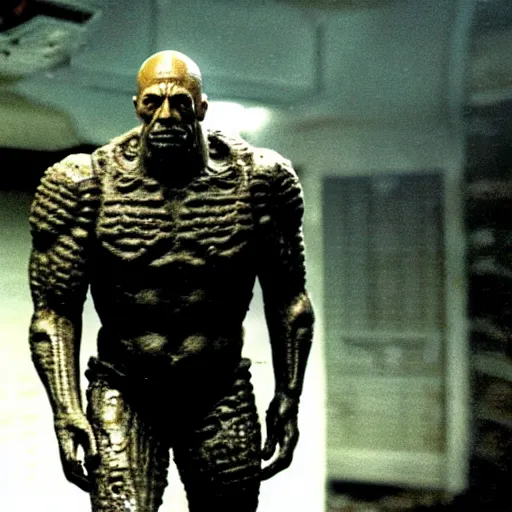 Prompt: the rock as a stone golem, colonial marine, still from the movie aliens