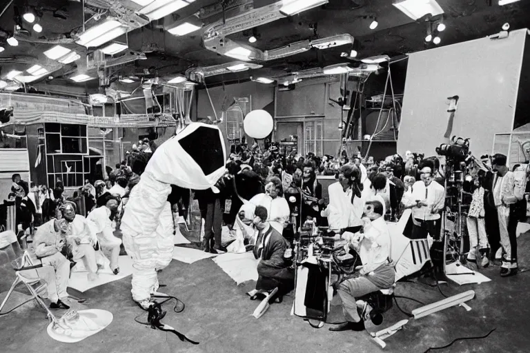 Image similar to black and white photo from 1969 of the government faking the moon landing on a Hollywood sound stage