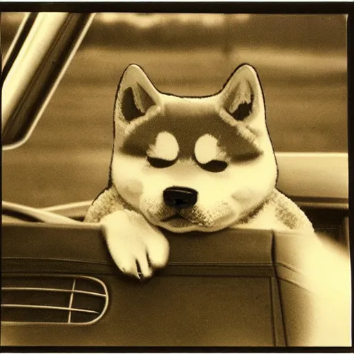 Image similar to cartoon of a shiba inu driving a car, 1977 picture, polaroid, nostalgic feeling