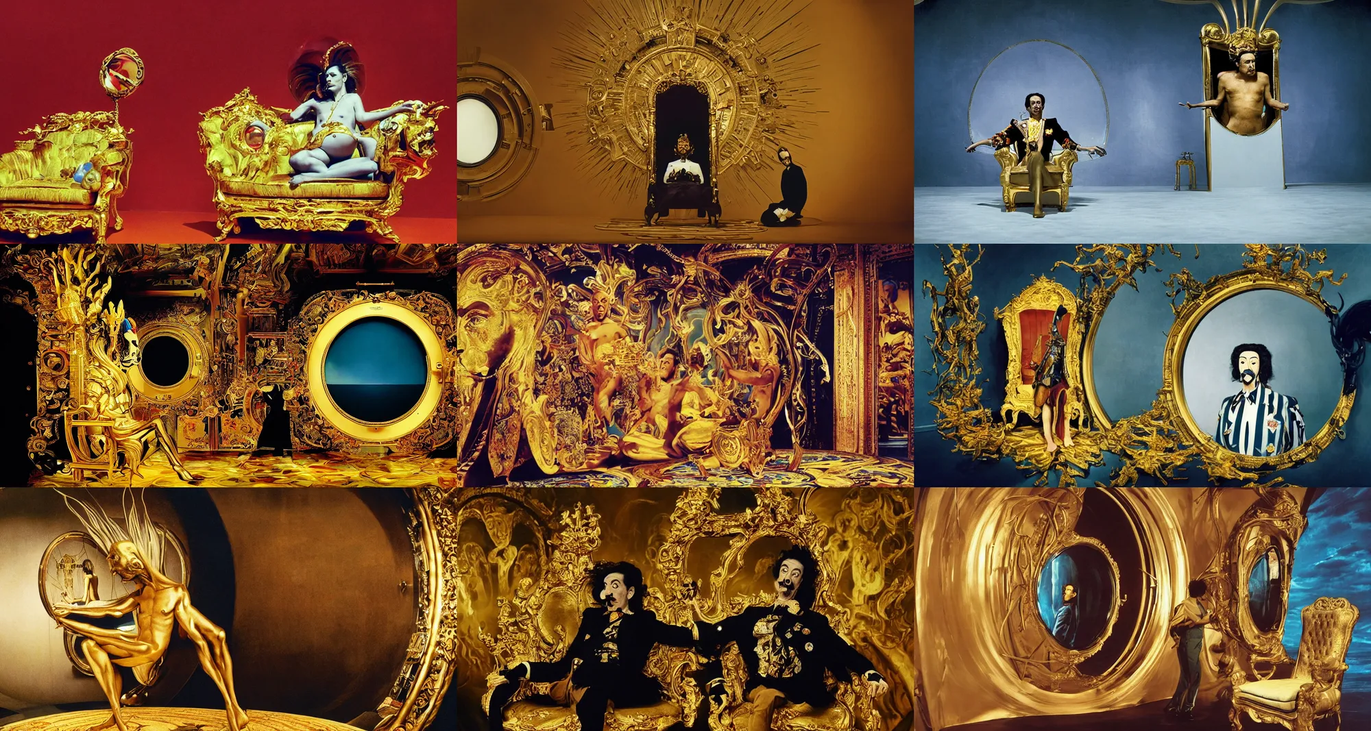 Prompt: foreground : crazy magnificent emperor which looks like salvador dali sits on a gold chair in a dark room | background : a huge porthole in which space is visible | from the movie by alejandro jodorowsky with the cinematography of christopher doyle and art direction by hans giger, anamorphic lens, kodachrome, 8 k