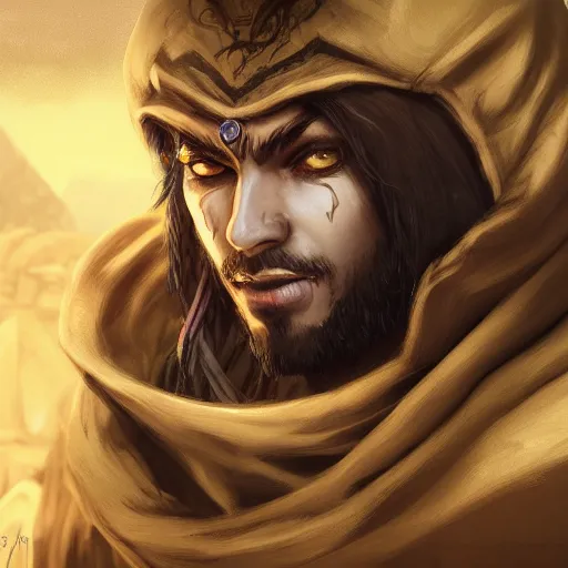 Image similar to portrait of young wild arabian nomad half werewolf, with yellow cloths, league of legends splash art, castlevania, hearthstone splash art, full body shot, rule of thirds, ultrafine hyperrealistic detailed face, artgerm, greg rutkowski, trending on artstation, 8 k, intricately detailed, highly detailed