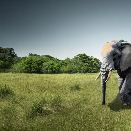 Prompt: a highly detailed panoramic photo by annie leibowitz of an elephant in the distance. the elephant has a staircase as a trunk, 8 k, super resolution