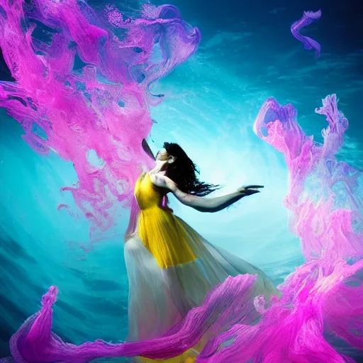 Image similar to masterpiece artwork of beautiful geni morrow woman dancing underwater wearing a flowing dress made of blue, magenta, and yellow seaweed, delicate coral sea bottom, swirling silver fish, swirling smoke shapes, octane render, caustics lighting from above, cinematic, hyperdetailed