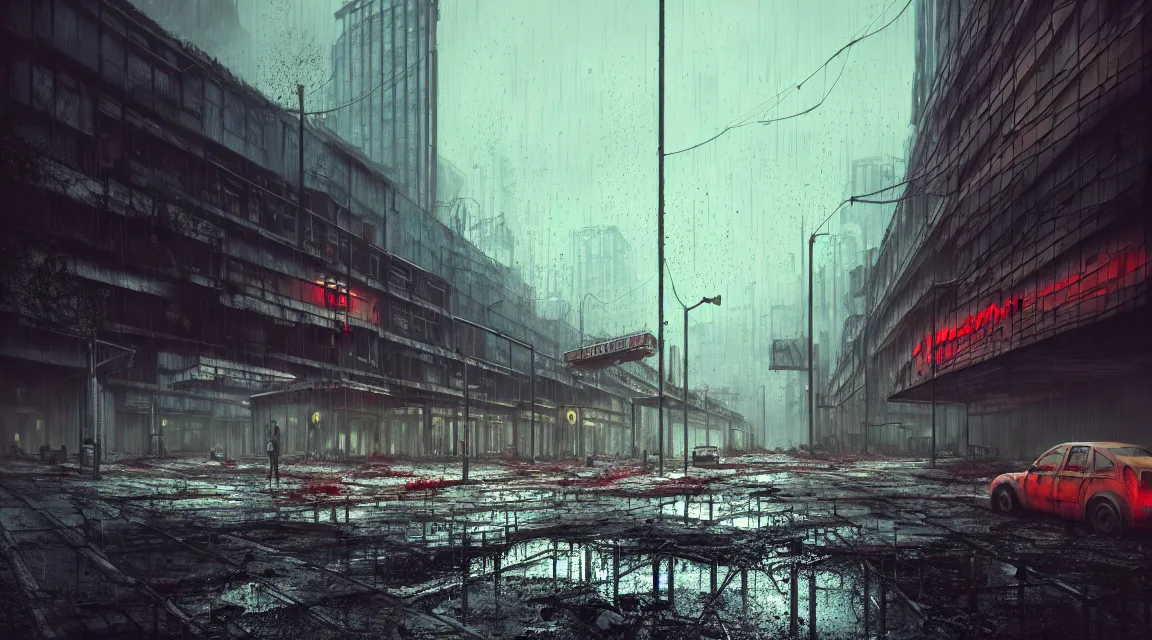 Image similar to post apocalyptic city building, raining, building, avenue, modern contemporary urban americana concrete architecture, paved roads, by pascal blanche trending on artstation, photorealistic, neon ambiance, ultra detailed, high definition, depth of field, bokeh, wild vegetation, blood stains, crumbling, post - apocalyptic warriors