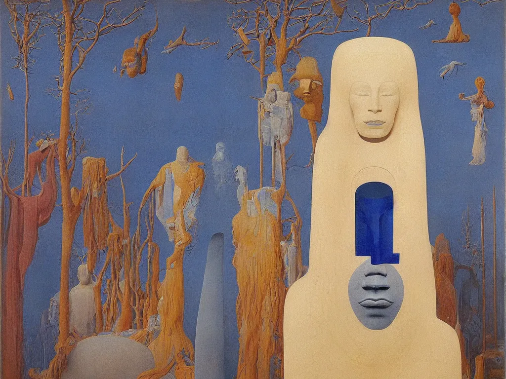 Prompt: Portrait of an albino mystic with blue eyes, with giant totemic archaic sculpture mask Brancusi sculpted temple from Lapis Lazuli. Painting by Jan van Eyck, Beksinski, Rene Magritte, Agnes Pelton, Max Ernst, Walton Ford