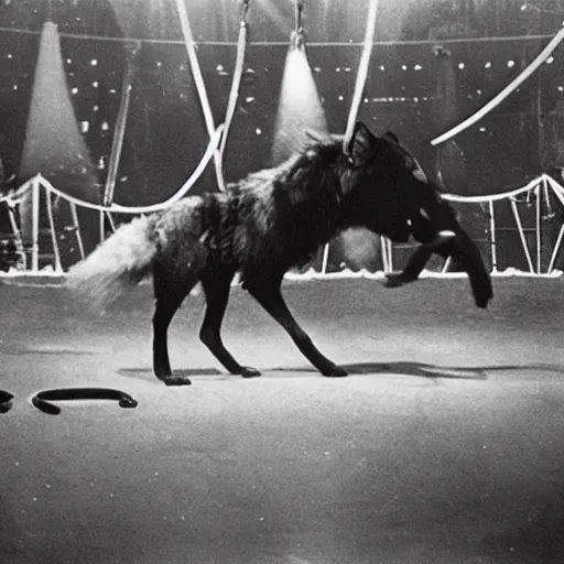 Prompt: wolf performing in the circus